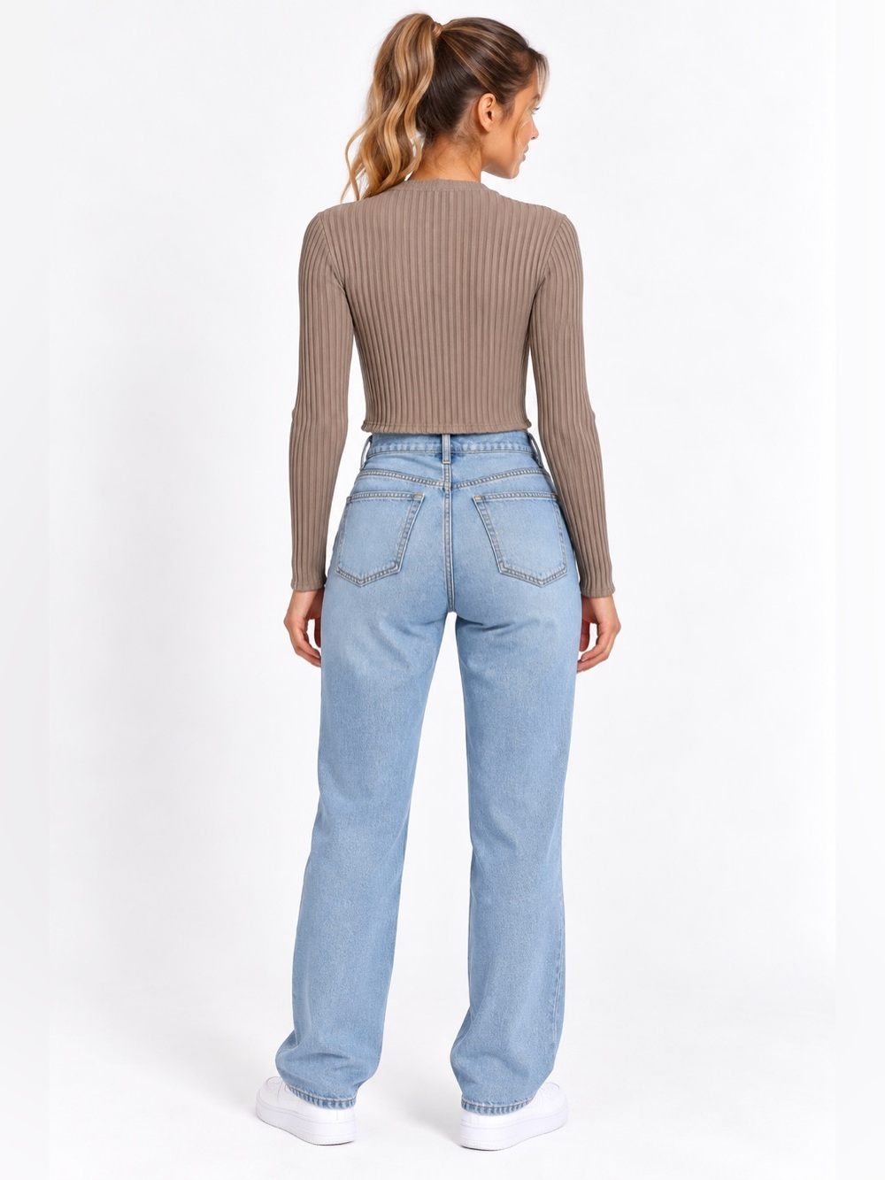 Wasabi + Mint Beige Ribbed Twist Front Crop Top Long Sleeve | Size M - Picture 3 of 14